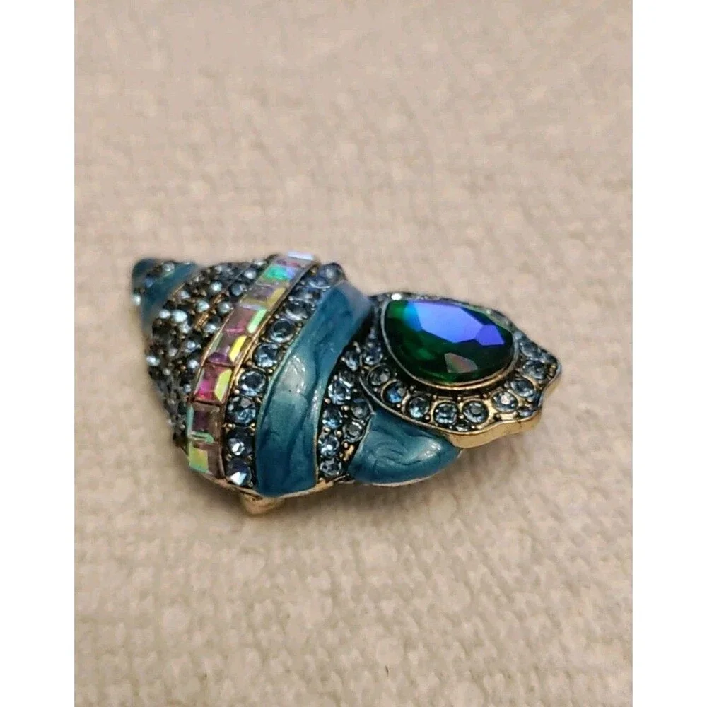 Blue Seashell Brooch Pin Rhinestone - Picture 3 of 4
